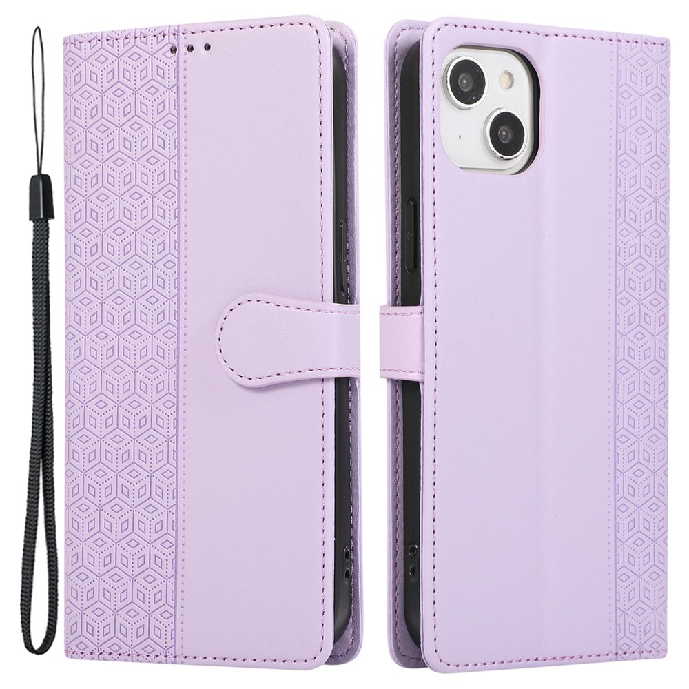 R20 for iPhone 15 Plus Phone Case Splicing Imprinted Rhombus Leather Wallet Cover - Purple