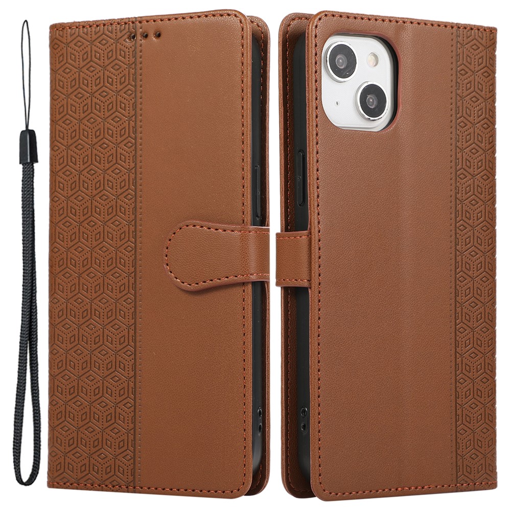 R20 for iPhone 15 Plus Phone Case Splicing Imprinted Rhombus Leather Wallet Cover - Brown