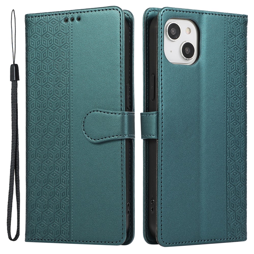 R20 for iPhone 15 Plus Phone Case Splicing Imprinted Rhombus Leather Wallet Cover - Green