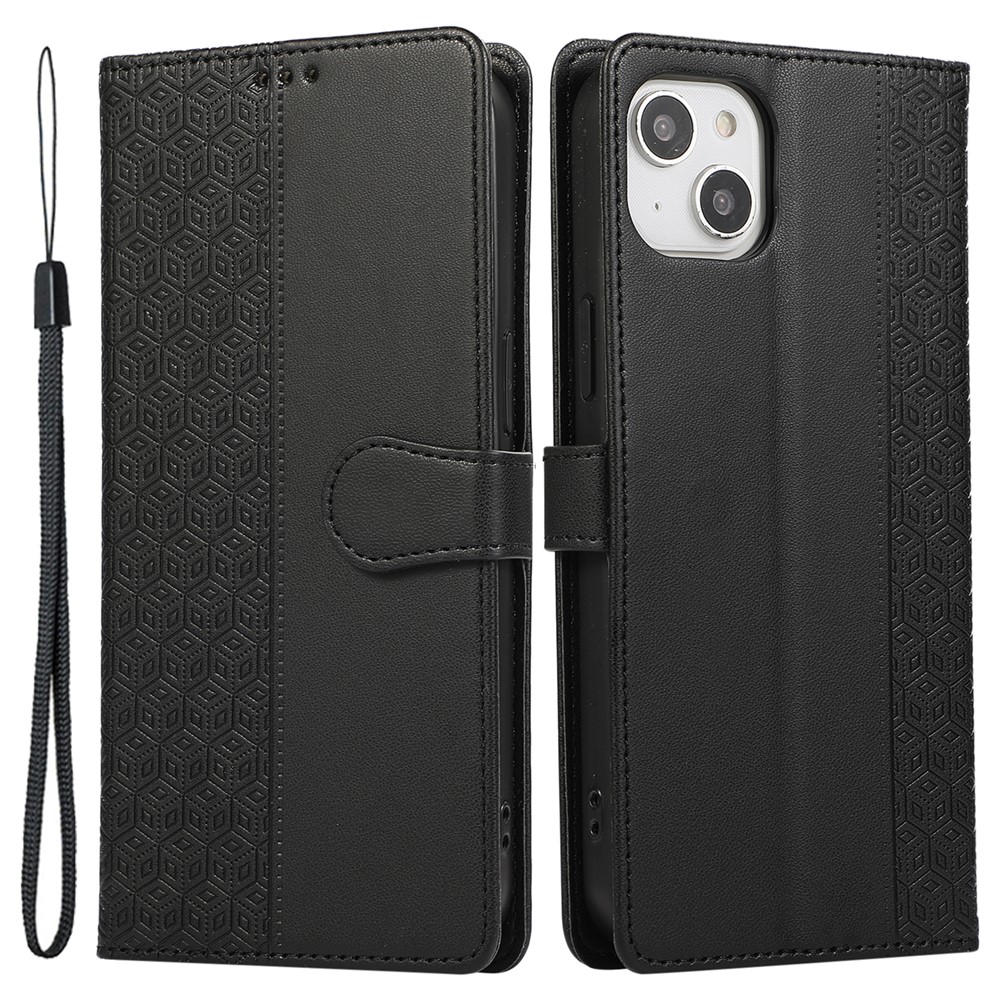R20 for iPhone 15 Plus Phone Case Splicing Imprinted Rhombus Leather Wallet Cover - Black