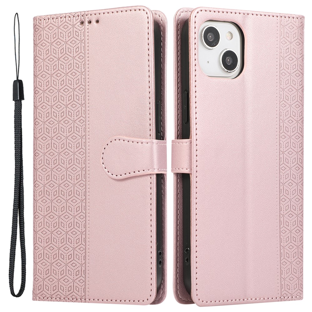 R20 for iPhone 14 Plus Wallet Case PU Leather Splicing Rhombus Cell Phone Cover - Rose Gold
