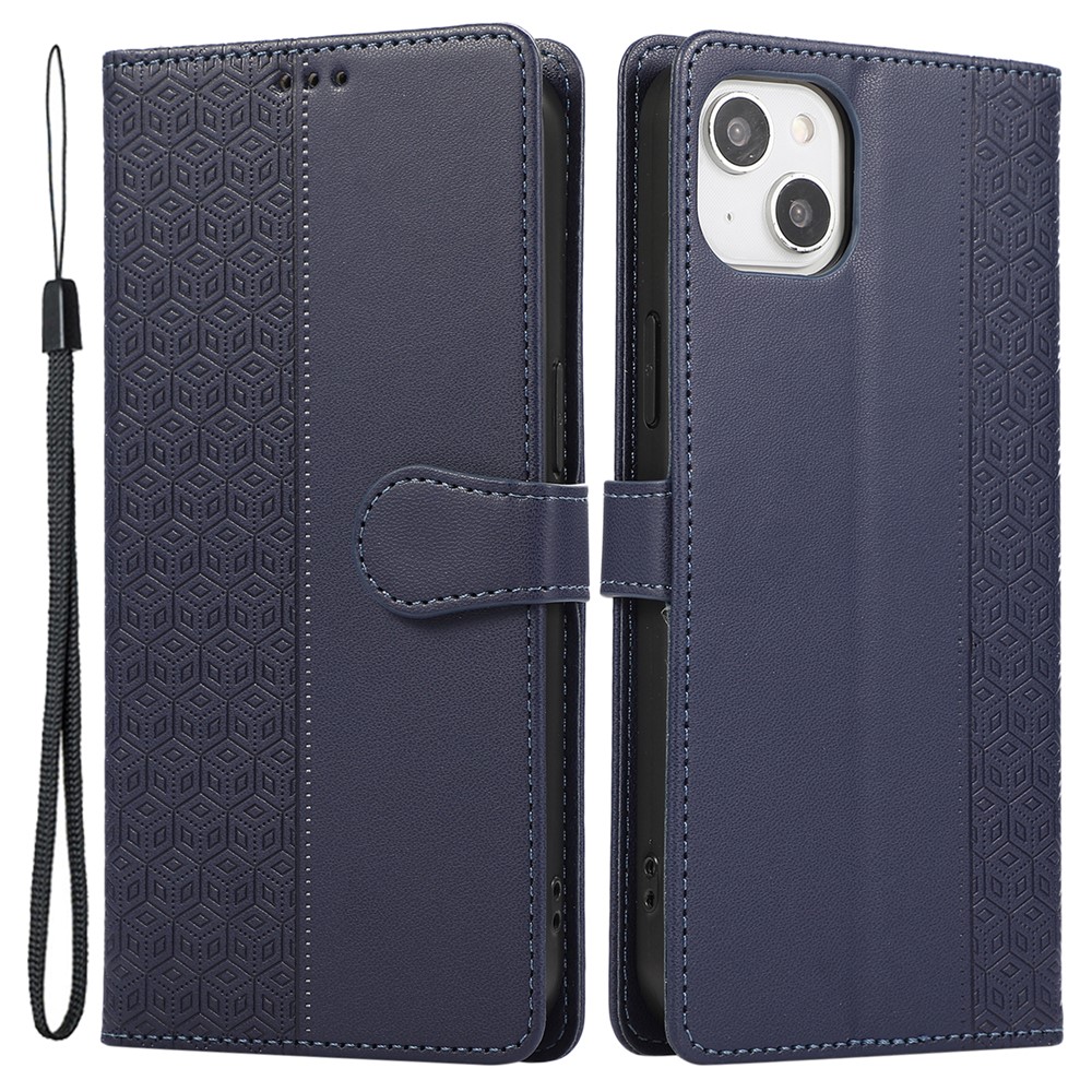 R20 for iPhone 14 Plus Wallet Case PU Leather Splicing Rhombus Cell Phone Cover - Blue