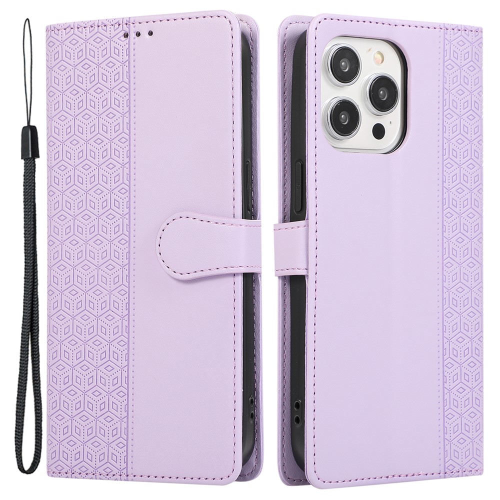 R20 for iPhone 13 Pro 6.1 inch Leather Case Splicing Rhombus Phone Cover with Card Holder - Purple