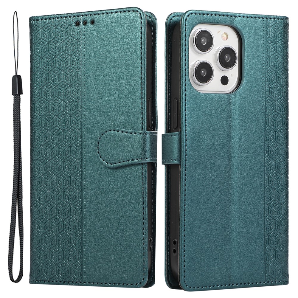 R20 for iPhone 13 Pro 6.1 inch Leather Case Splicing Rhombus Phone Cover with Card Holder - Green