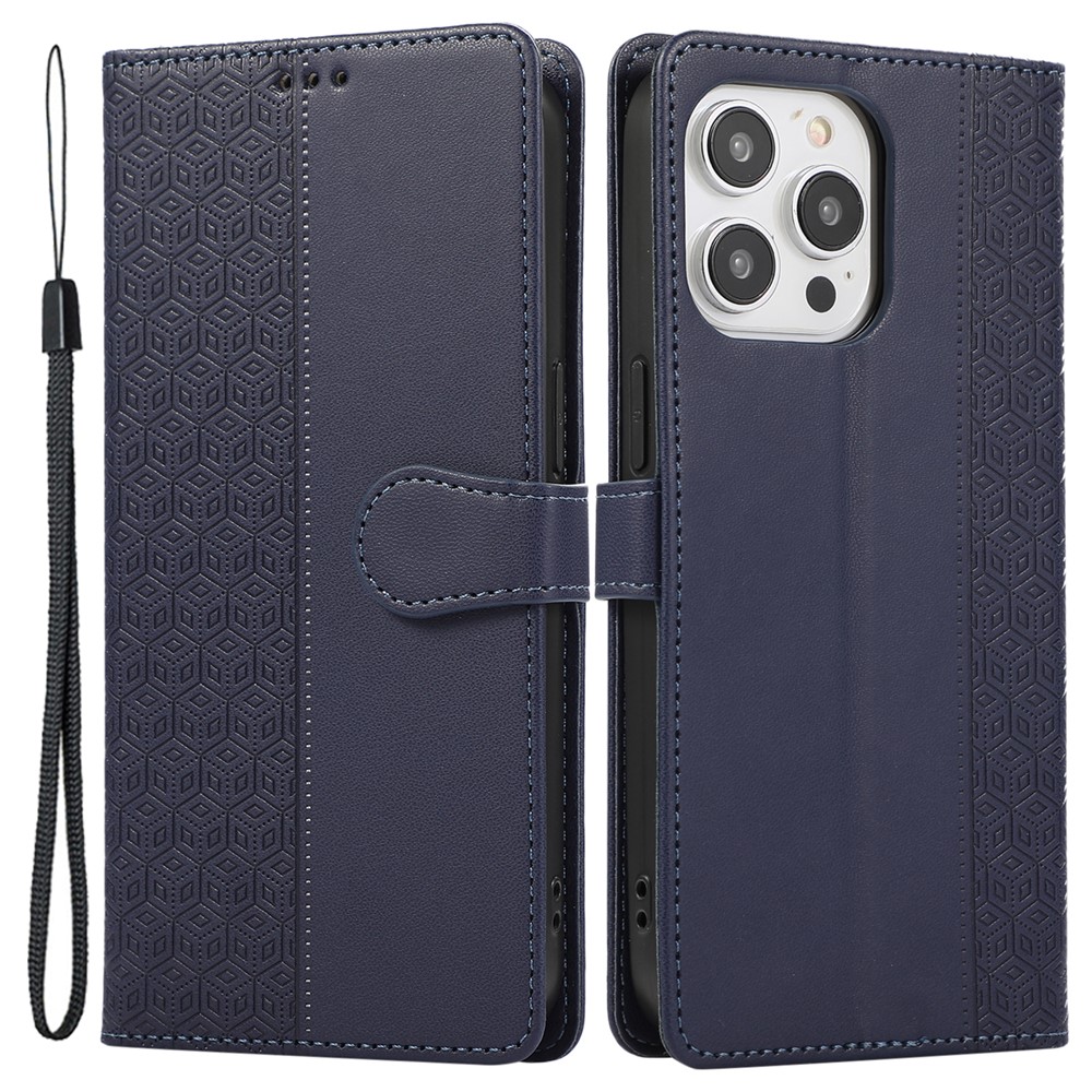 R20 for iPhone 13 Pro 6.1 inch Leather Case Splicing Rhombus Phone Cover with Card Holder - Blue