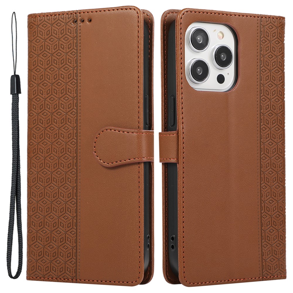 R20 for iPhone 13 Pro Max Leather Case Splicing Imprinted Rhombus Phone Wallet Anti-scratch Cover - Brown