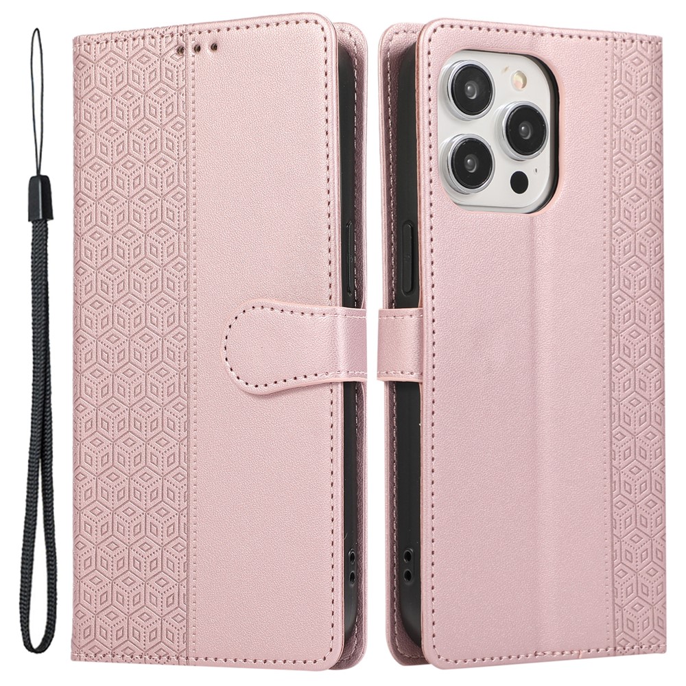 R20 for iPhone 12 / 12 Pro Case Folio PU Leather Splicing Rhombus Wallet Phone Cover - Rose Gold