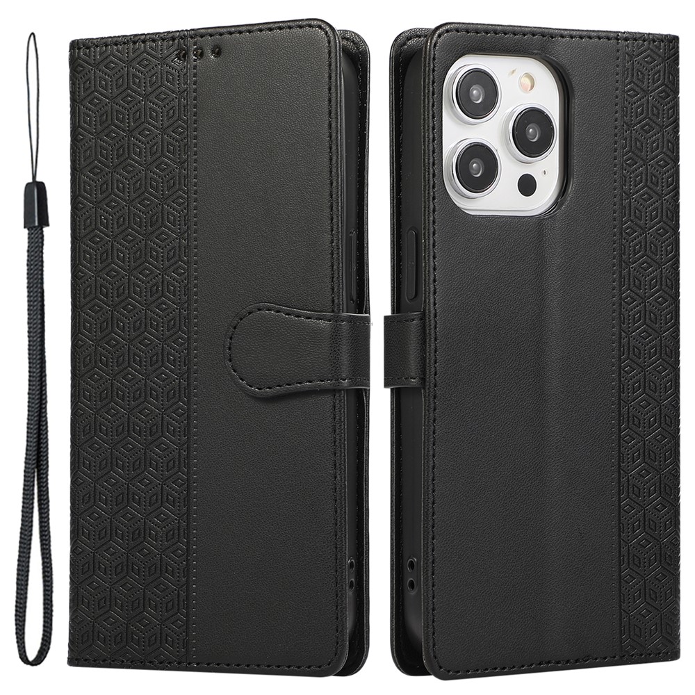 R20 for iPhone 12 / 12 Pro Case Folio PU Leather Splicing Rhombus Wallet Phone Cover - Black