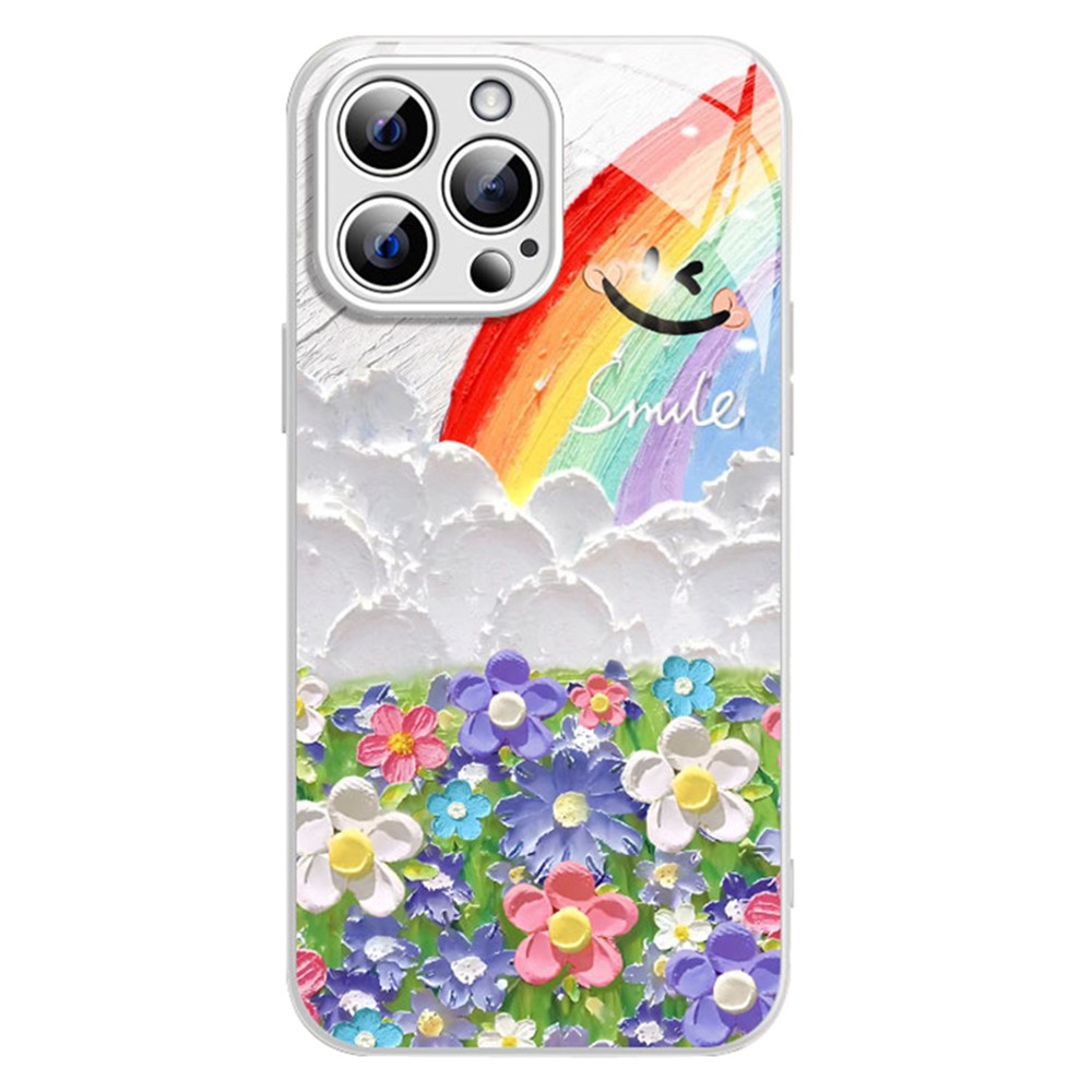 For iPhone 12 Pro Phone Case Flower Smile Rainbow Pattern TPU+Tempered Glass Back Cover - White