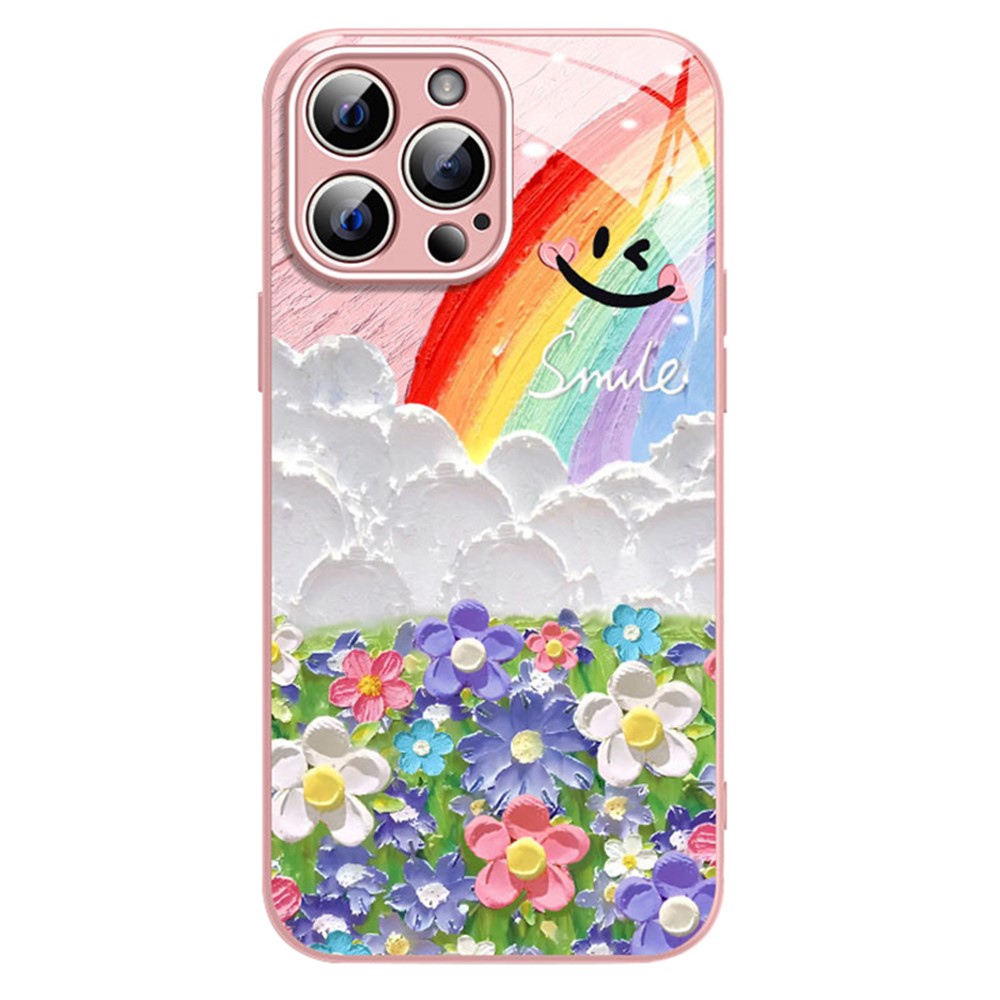 For iPhone 12 Pro Phone Case Flower Smile Rainbow Pattern TPU+Tempered Glass Back Cover - Pink