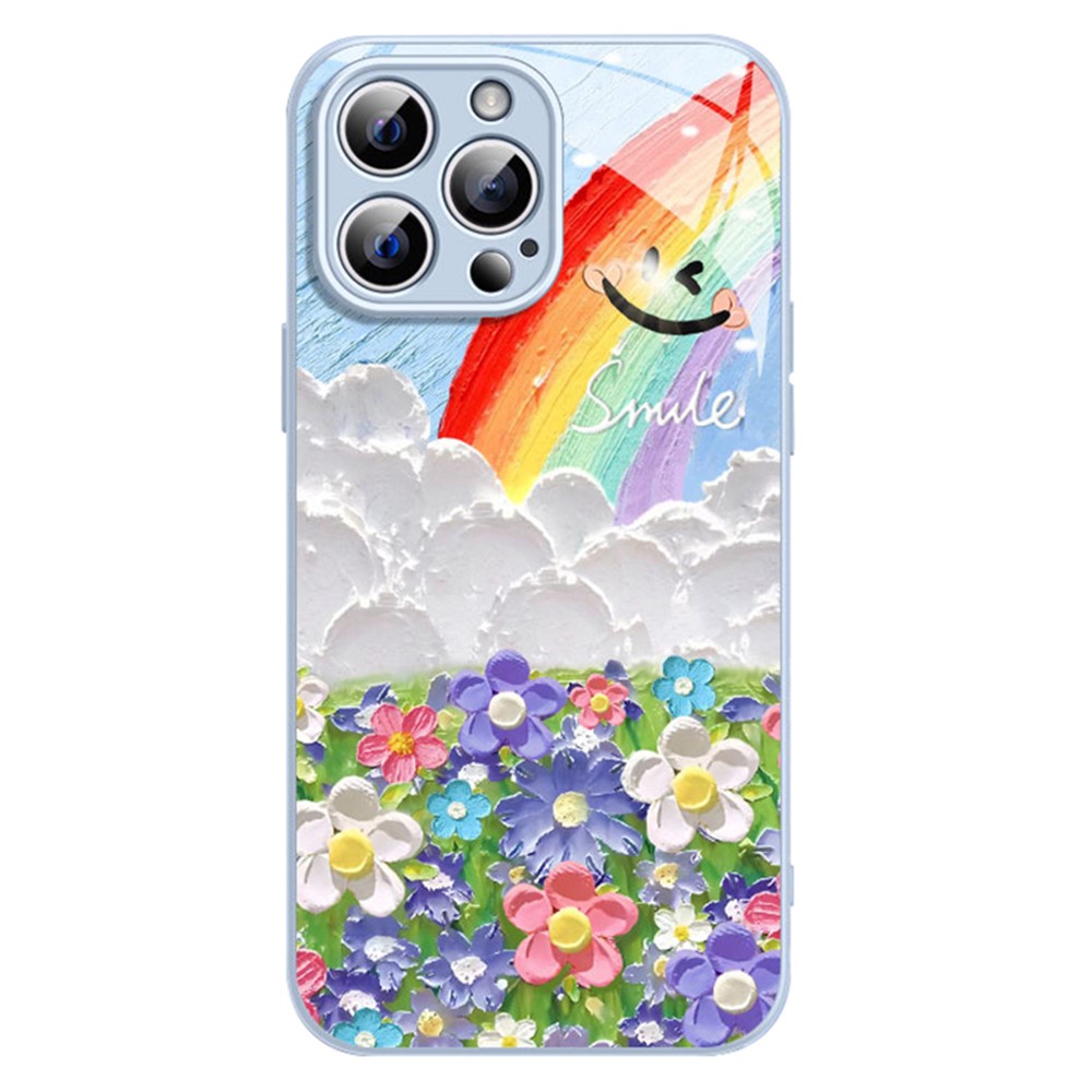 For iPhone 12 Pro Phone Case Flower Smile Rainbow Pattern TPU+Tempered Glass Back Cover - Blue