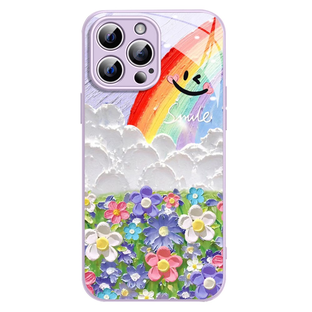 For iPhone 12 Pro Phone Case Flower Smile Rainbow Pattern TPU+Tempered Glass Back Cover - Purple