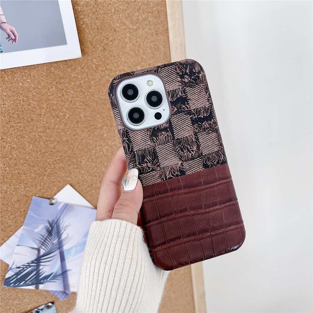 For iPhone 13 Pro Max Phone Case Crocodile Texture Splicing Retro PU Leather+PC Phone Cover - Coffee