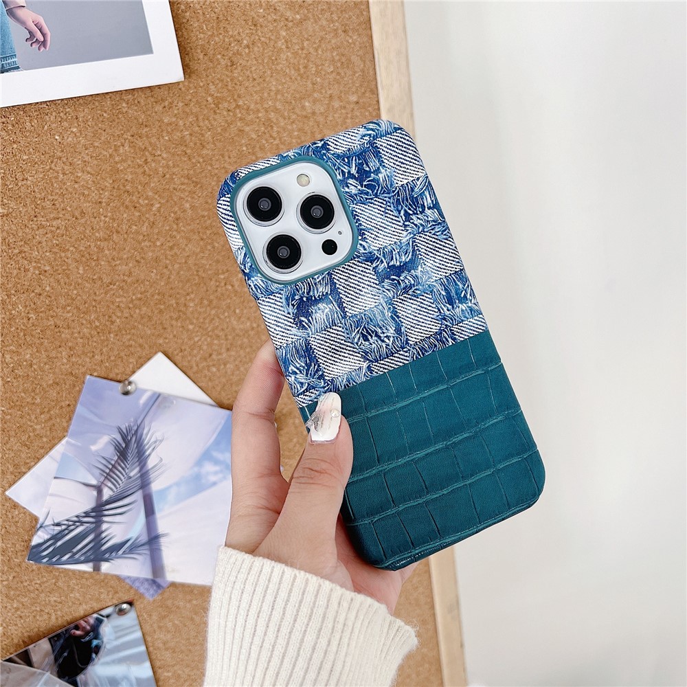 For iPhone 13 Pro Max Phone Case Crocodile Texture Splicing Retro PU Leather+PC Phone Cover - Peacock Blue