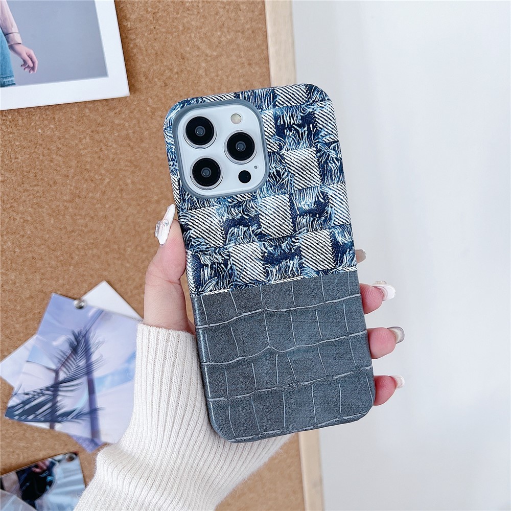 For iPhone 13 Pro 6.1 inch Case Denim Crocodile Texture Splicing Retro PU Leather+PC Phone Cover - Dark Grey