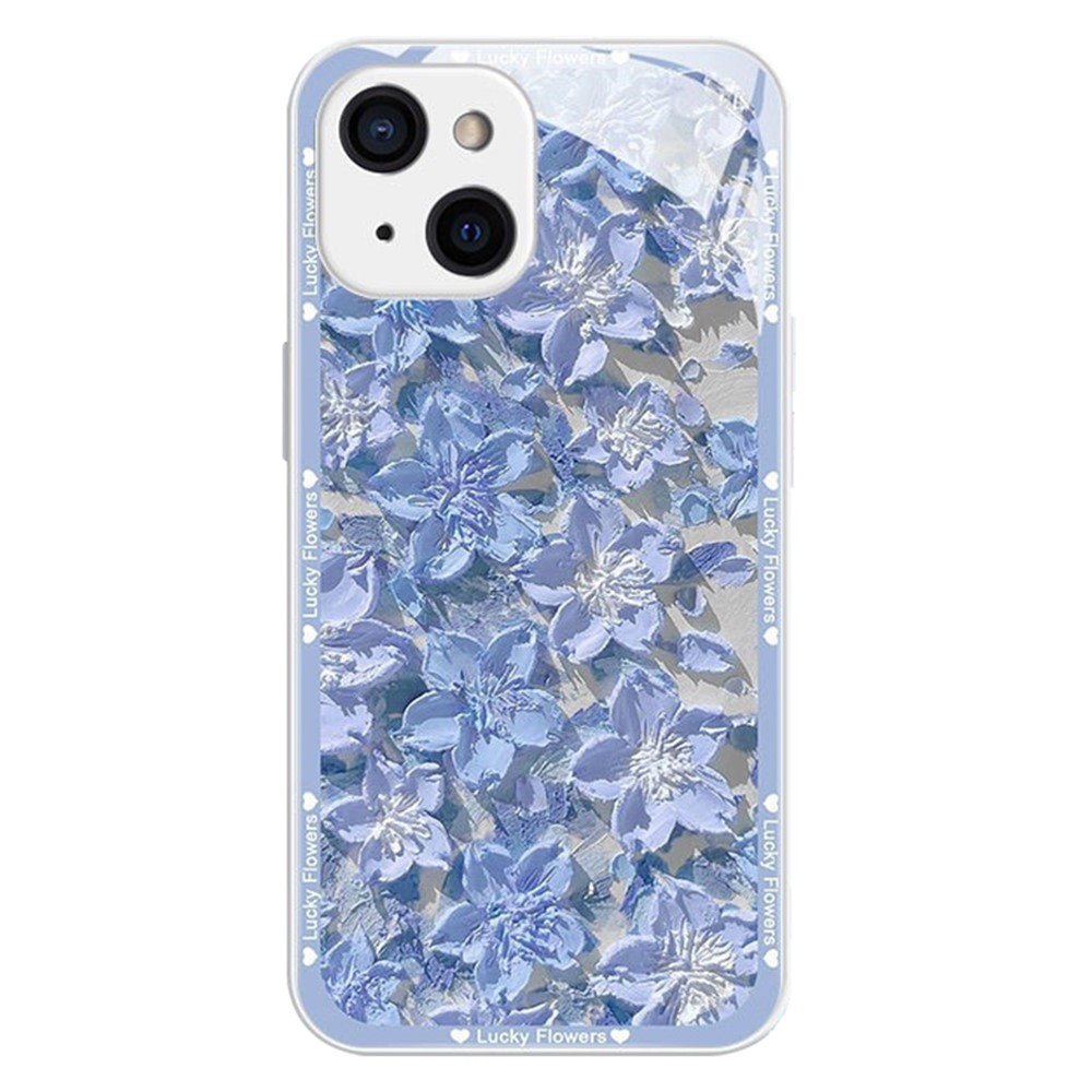 For iPhone 15 Plus Floral Phone Case TPU Frame Tempered Glass Back Cover - Blue Flower / Silver White