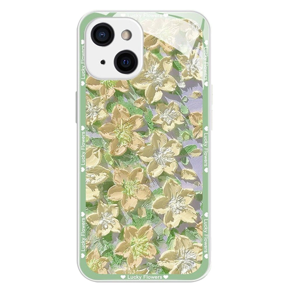 For iPhone 15 Plus Floral Phone Case TPU Frame Tempered Glass Back Cover - Yellowgreen Flower / Silver White