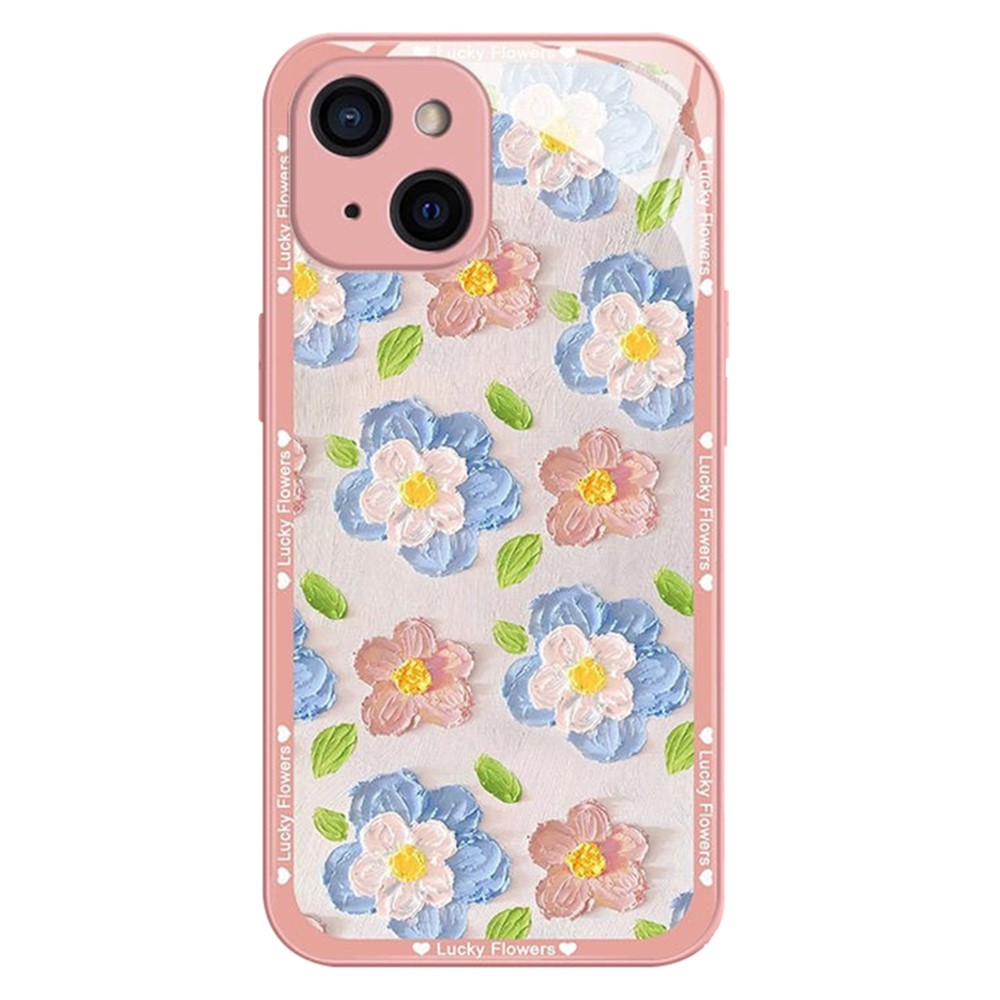 For iPhone 15 Plus Floral Phone Case TPU Frame Tempered Glass Back Cover - Pink Edge Blue Flower / Pink