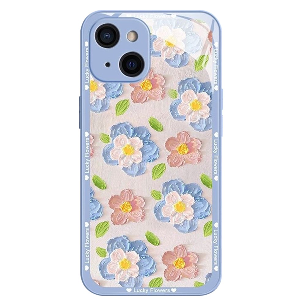 For iPhone 15 Plus Floral Phone Case TPU Frame Tempered Glass Back Cover - Blue Edge Pink Flower / Blue