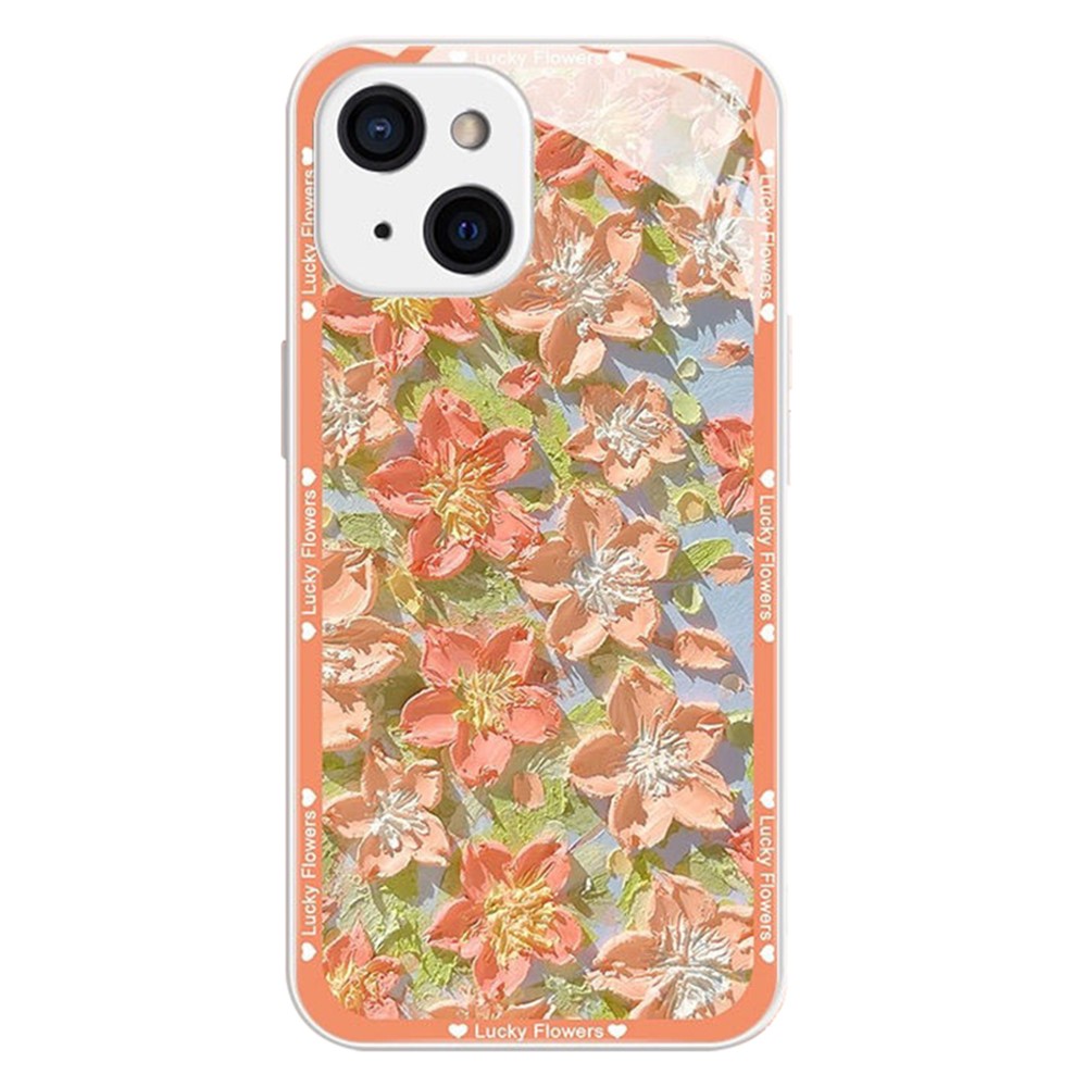 For iPhone 15 Plus Floral Phone Case TPU Frame Tempered Glass Back Cover - Orange Flower / Silver White