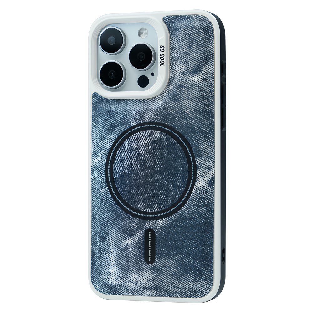 For iPhone 13 Pro Max Magnetic Phone Case Denim Cloth Texture Leather Coated PC+TPU Cover - Grey Blue