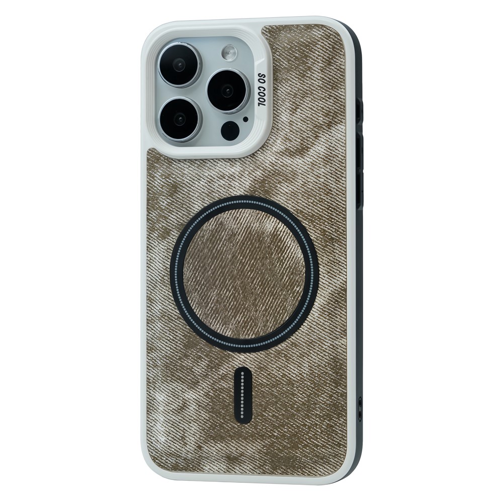 For iPhone 13 Pro Max Magnetic Phone Case Denim Cloth Texture Leather Coated PC+TPU Cover - Grey