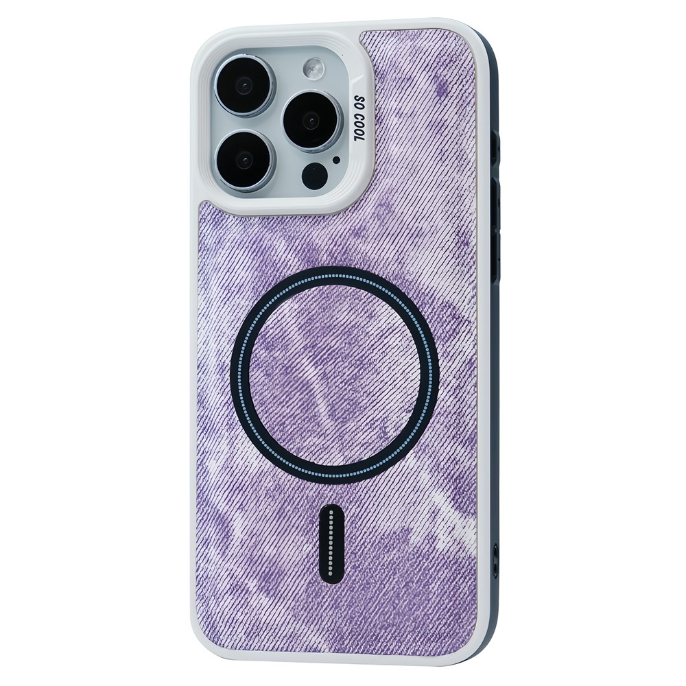 For iPhone 13 Pro Max Magnetic Phone Case Denim Cloth Texture Leather Coated PC+TPU Cover - Pink Purple