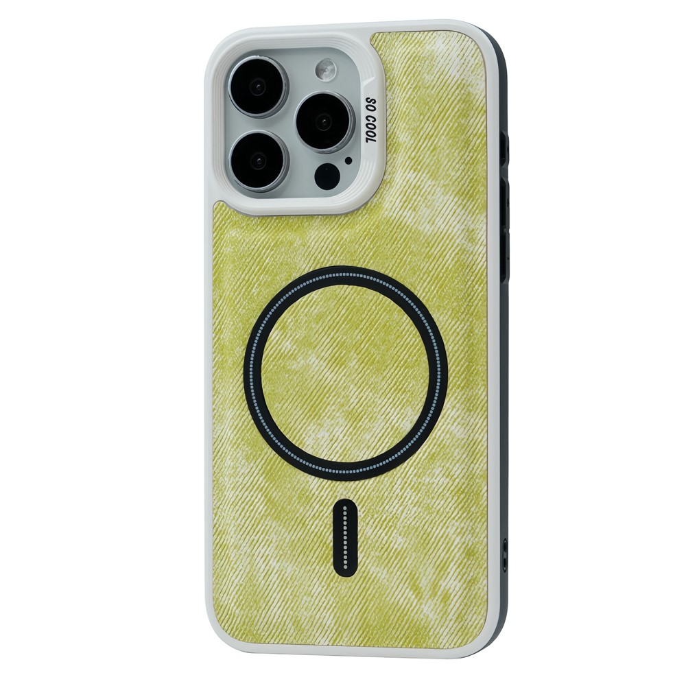 For iPhone 13 Pro Magnetic Case Denim Cloth Texture Leather Coated PC+TPU Phone Cover - Yellowgreen