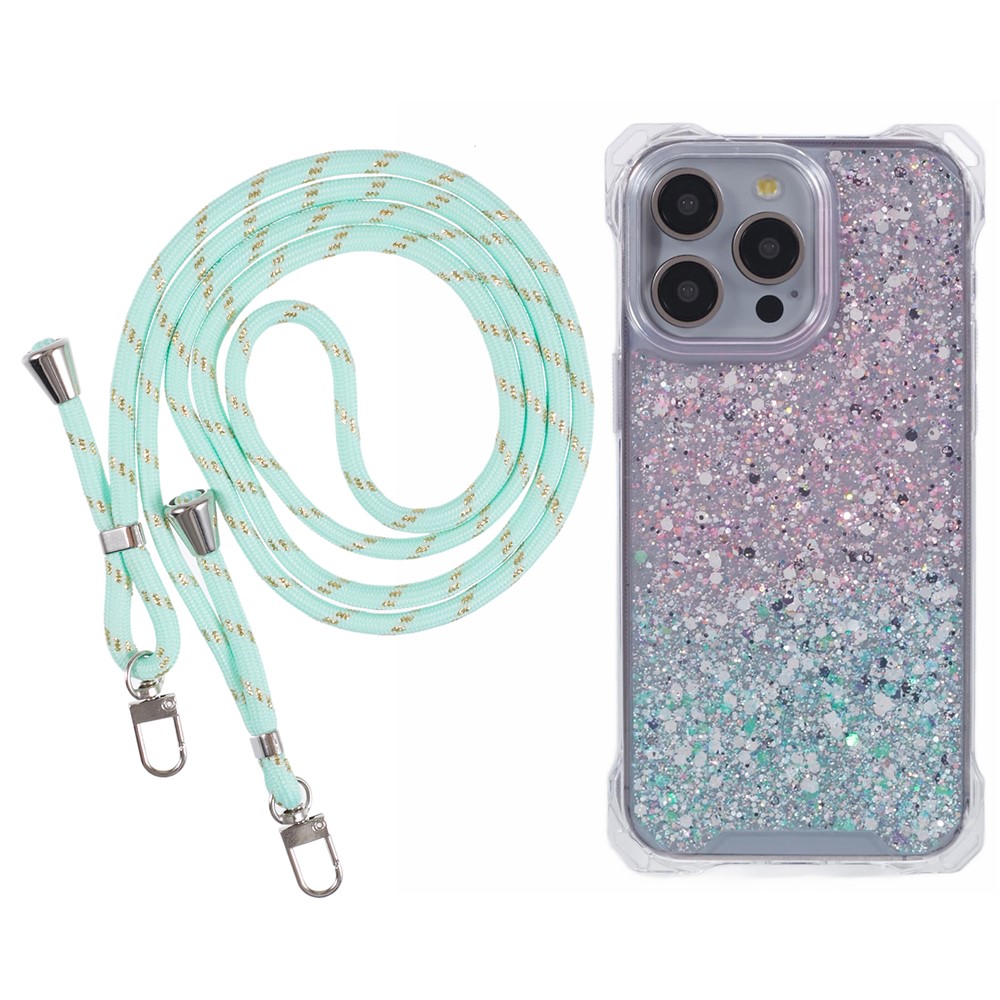 For iPhone 13 Pro Dual-Color Gradient Phone Case TPU+Acrylic Back Shell with Strap - Pink+Green