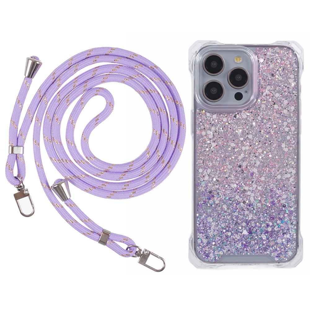 For iPhone 13 Pro Dual-Color Gradient Phone Case TPU+Acrylic Back Shell with Strap - Pink+Purple