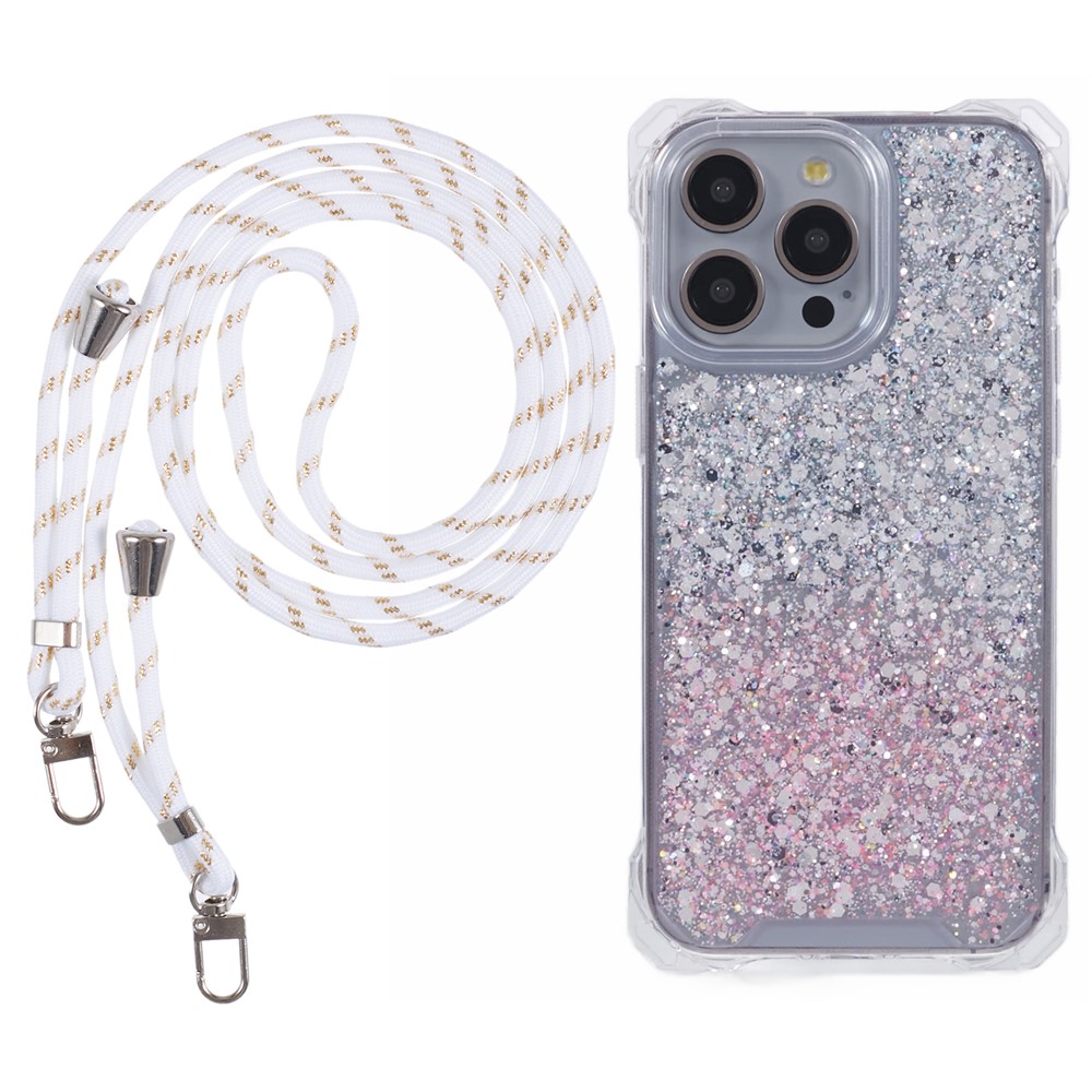 For iPhone 13 Pro Max Dual-Color Gradient Phone Case Anti-drop TPU+Acrylic Shell with Strap - Silver+Pink