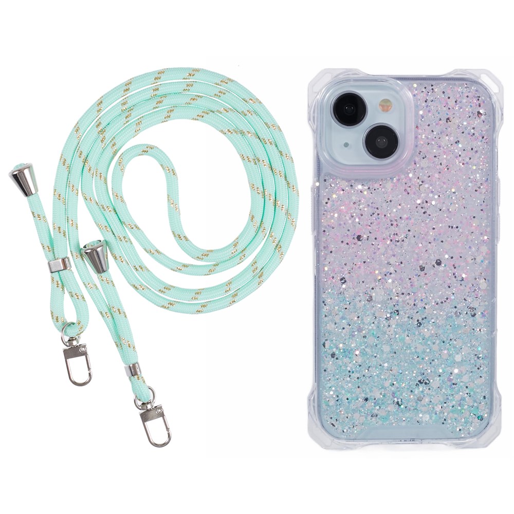 For iPhone 15 Plus Cell Phone Case TPU+Acrylic Dual-Color Gradient Cell Phone Cover with Strap - Pink+Green