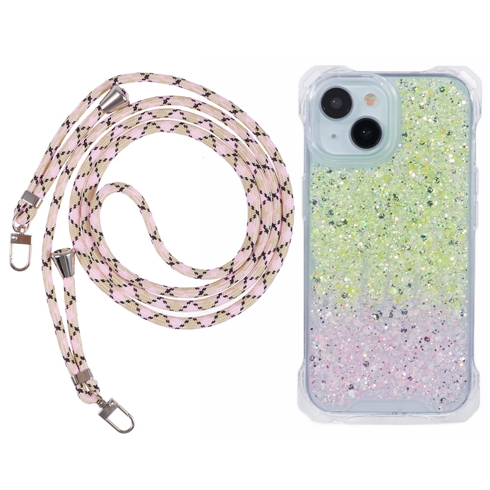 For iPhone 15 Plus Cell Phone Case TPU+Acrylic Dual-Color Gradient Cell Phone Cover with Strap - Yellow+Pink