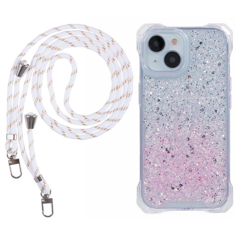 For iPhone 15 Plus Cell Phone Case TPU+Acrylic Dual-Color Gradient Cell Phone Cover with Strap - Silver+Pink