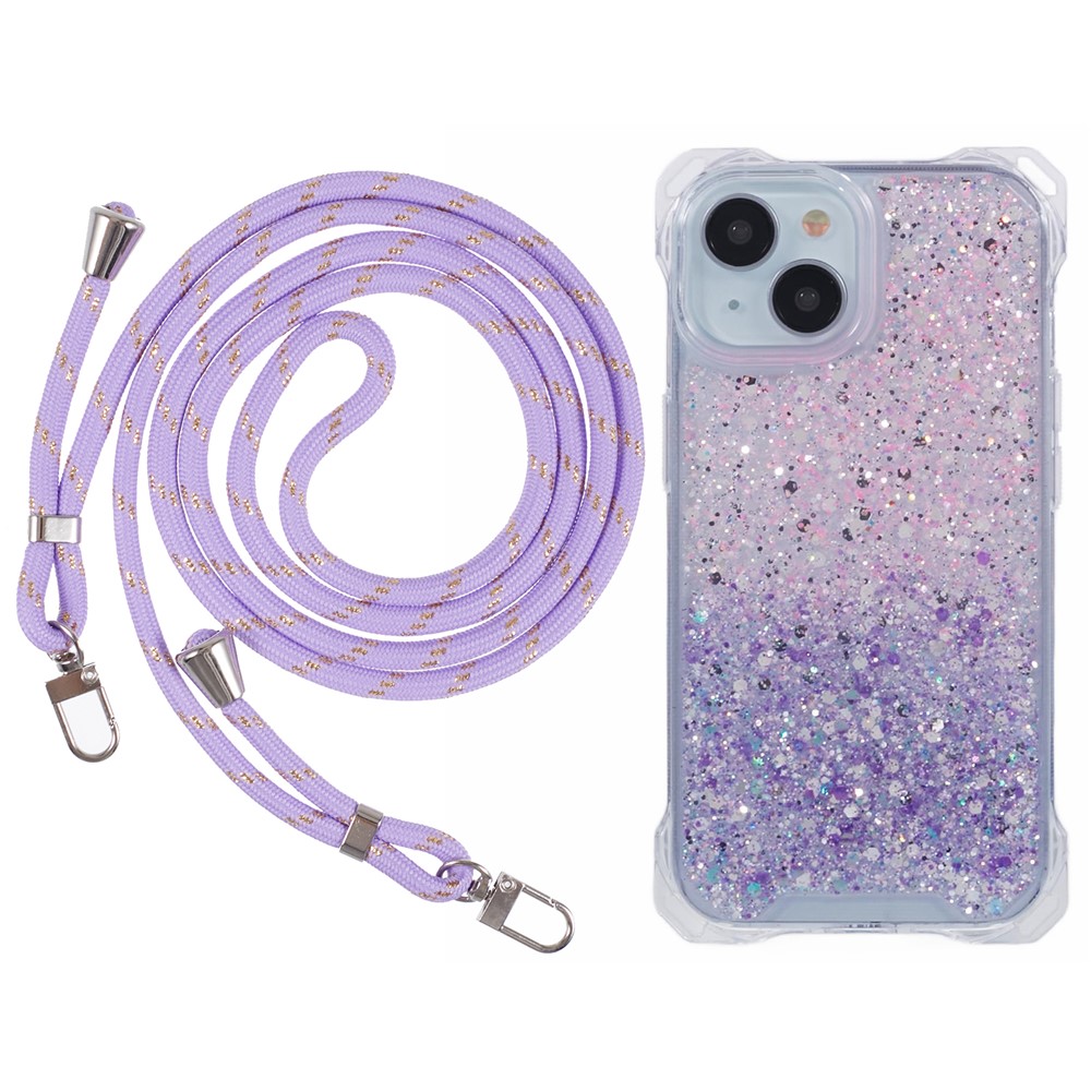 For iPhone 14 Plus Cover TPU+Acrylic Dual-Color Gradient Phone Case with Strap - Pink+Purple