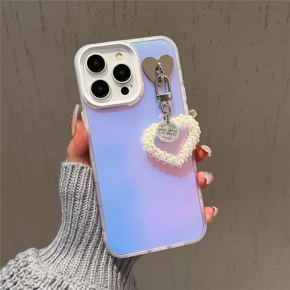 For iPhone 13 Pro PC+TPU Case Matte Laser Effect Slim Phone Cover with Pearls Heart Pendant - White