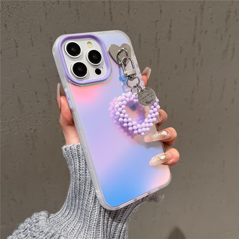 For iPhone 13 Pro PC+TPU Case Matte Laser Effect Slim Phone Cover with Pearls Heart Pendant - Purple