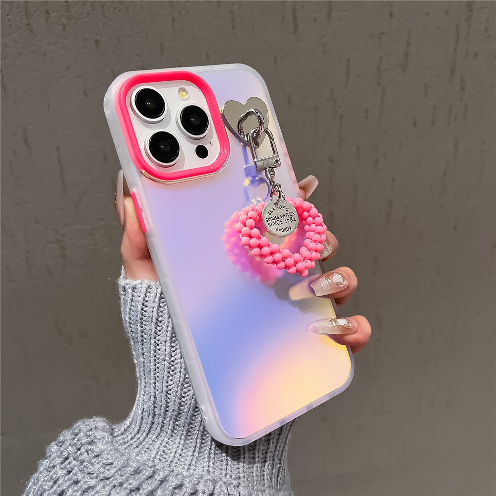 For iPhone 12 / 12 Pro Case Matte Laser Effect PC+TPU Phone Cover with Pearls Heart Pendant - Rose
