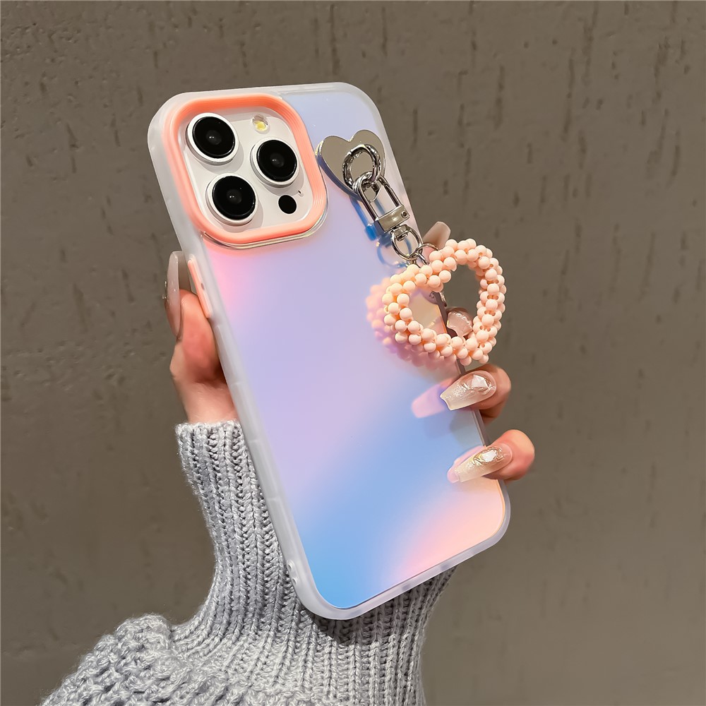 For iPhone 12 / 12 Pro Case Matte Laser Effect PC+TPU Phone Cover with Pearls Heart Pendant - Pink