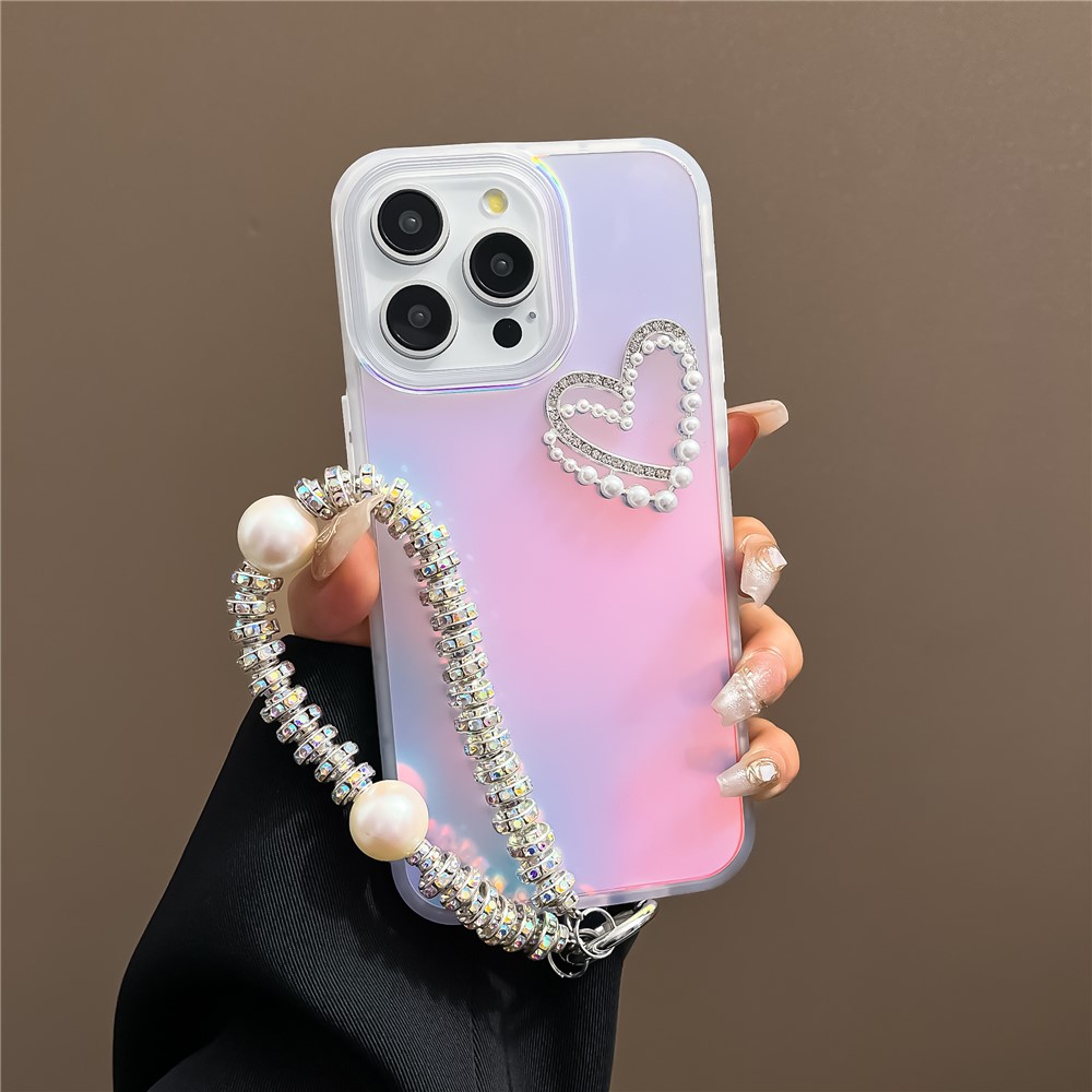 For iPhone 13 Pro Matte Case Laser Effect PC+TPU Pearls Heart Phone Cover with Hand Strap - Transparent