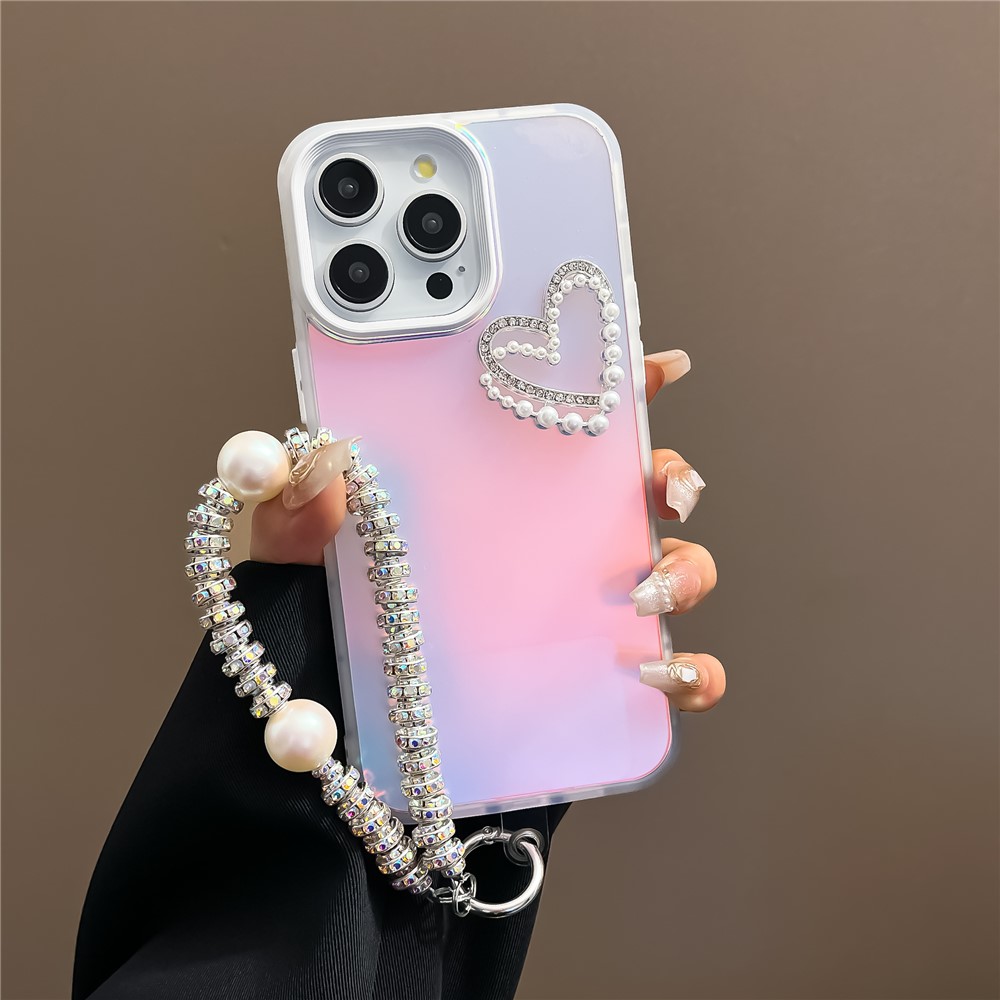 For iPhone 13 Pro Max Case Matte Laser PC+TPU Pearls Heart Anti-drop Phone Cover with Hand Strap - White