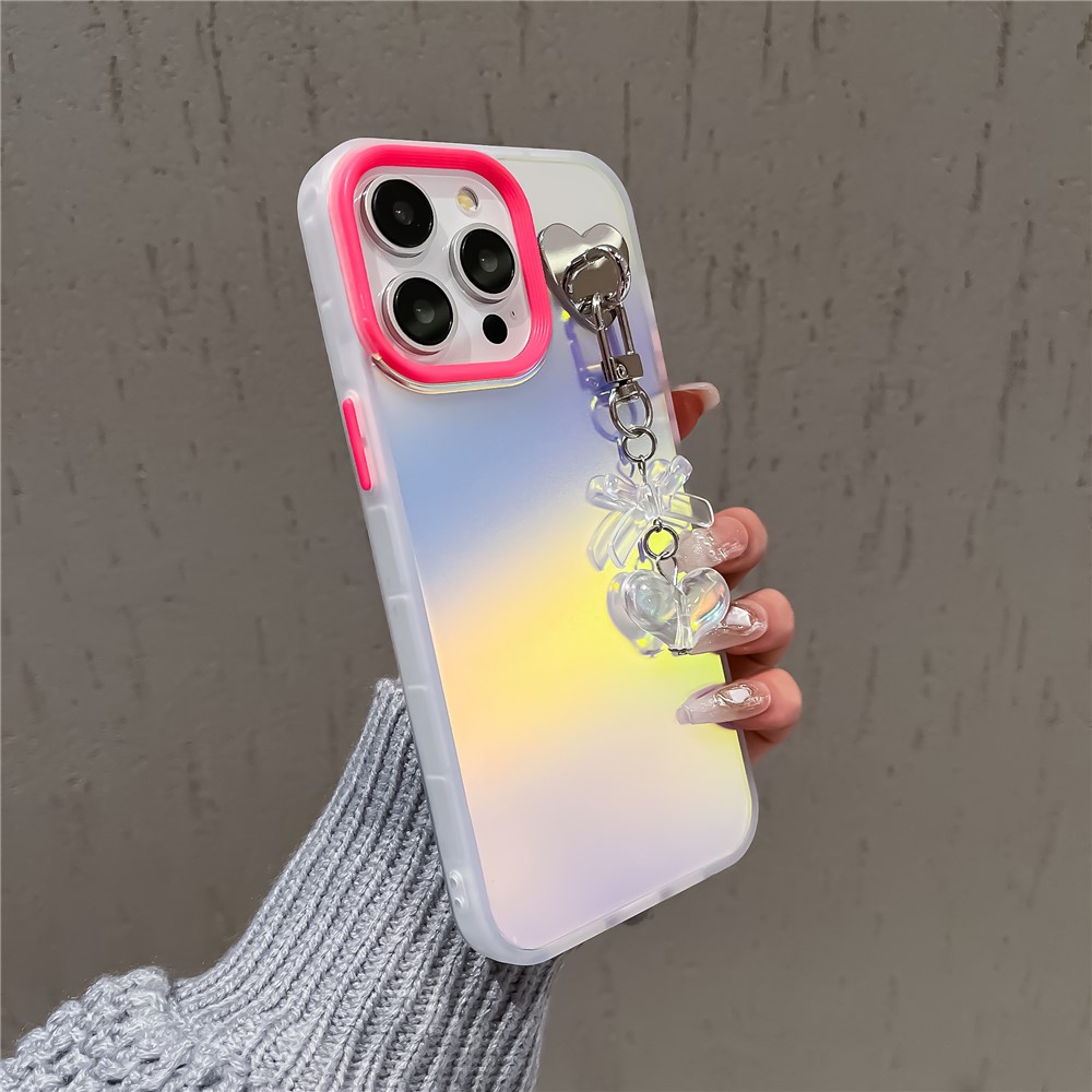 For iPhone 13 Pro Case Laser Effect Matte PC+TPU Phone Cover with Heart Bowknot Pendant - Rose