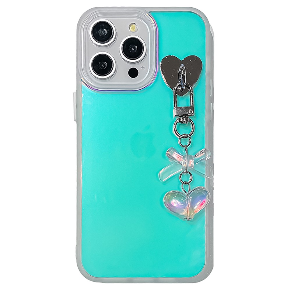 For iPhone 13 Pro Max Matte Case Heart Bowknot Pendant Laser Effect PC+TPU Phone Cover - Transparent