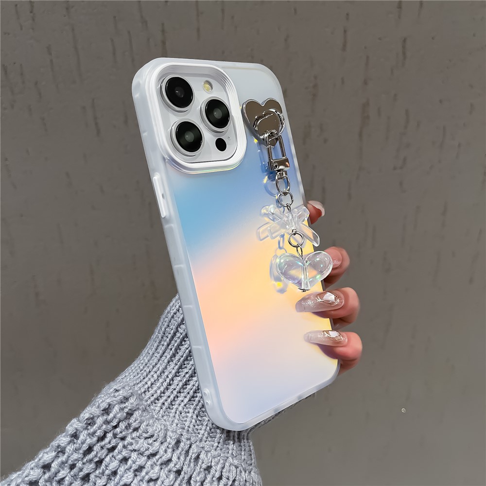 For iPhone 13 Pro Max Matte Case Heart Bowknot Pendant Laser Effect PC+TPU Phone Cover - White