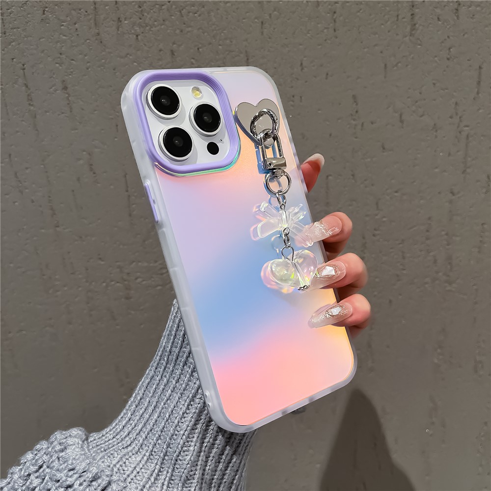 For iPhone 12 / 12 Pro Case Heart Bowknot Pendant PC+TPU Laser Effect Matte Phone Cover - Purple