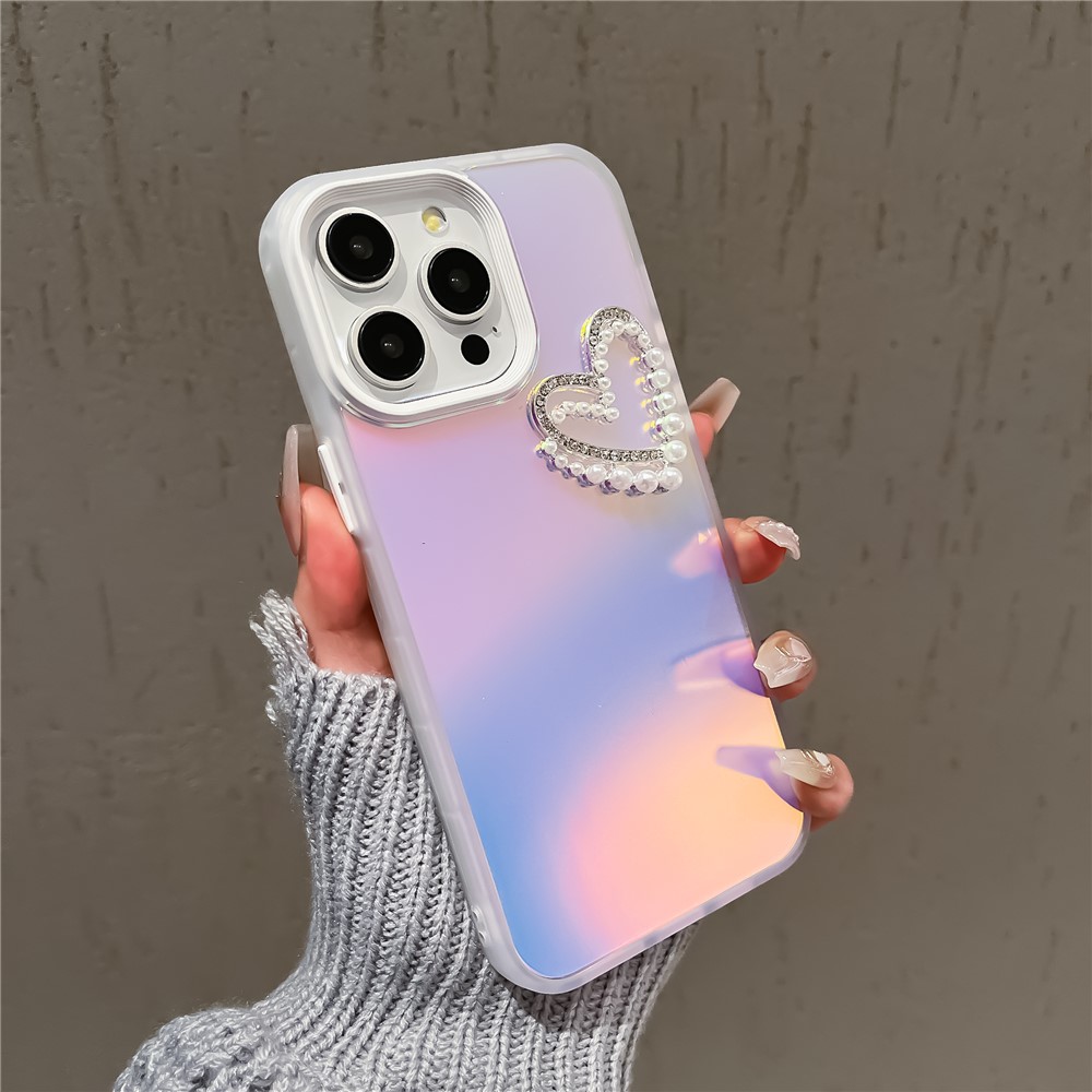 For iPhone 13 Pro 6.1 inch Case Laser Effect PC+TPU Pearls Heart Decor Matte Phone Cover - White