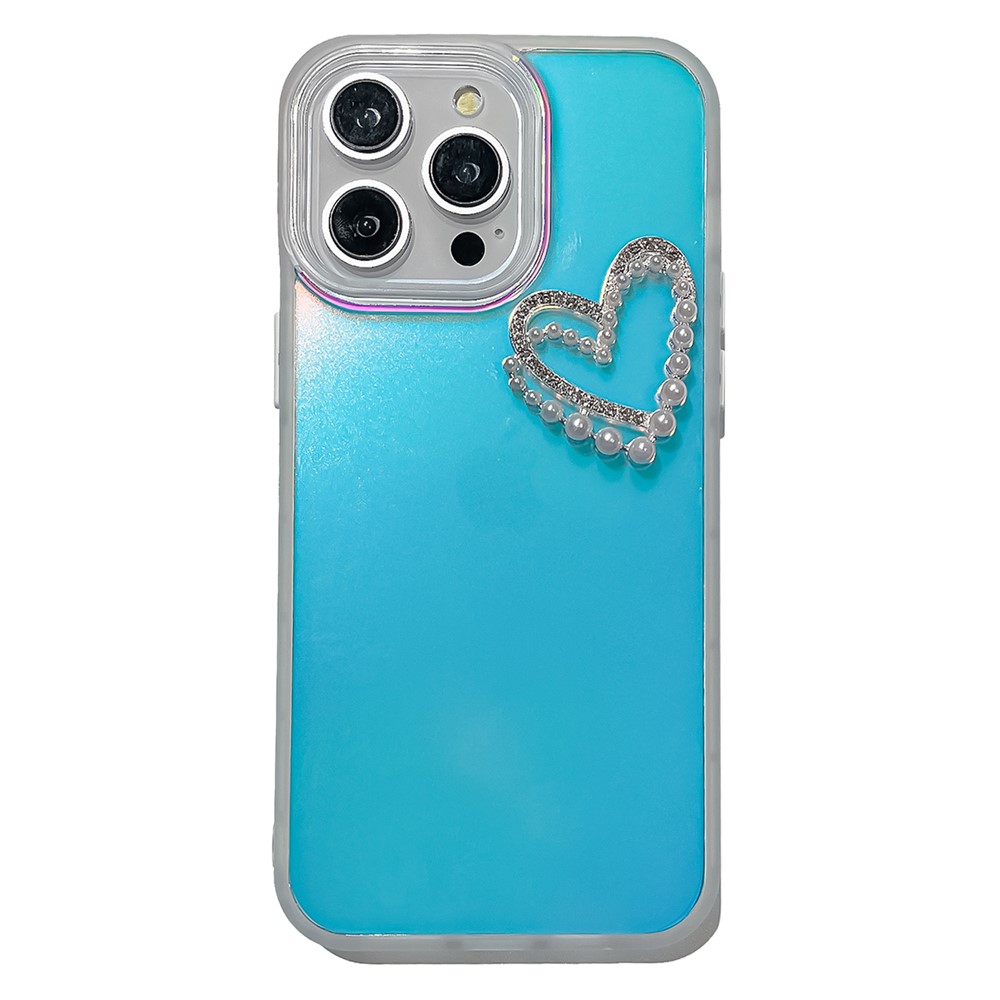 For iPhone 13 Pro Max Matte Laser Effect PC+TPU Phone Cover with Heart Pearl Decor - Transparent