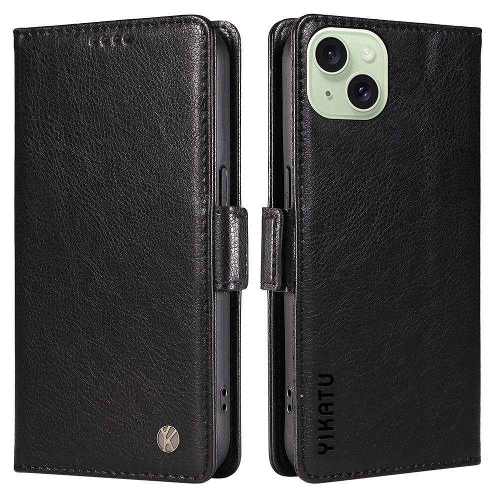 YIKATU YK-007 For iPhone 15 Plus Case PU Leather Wallet Shockproof Phone Cover - Black