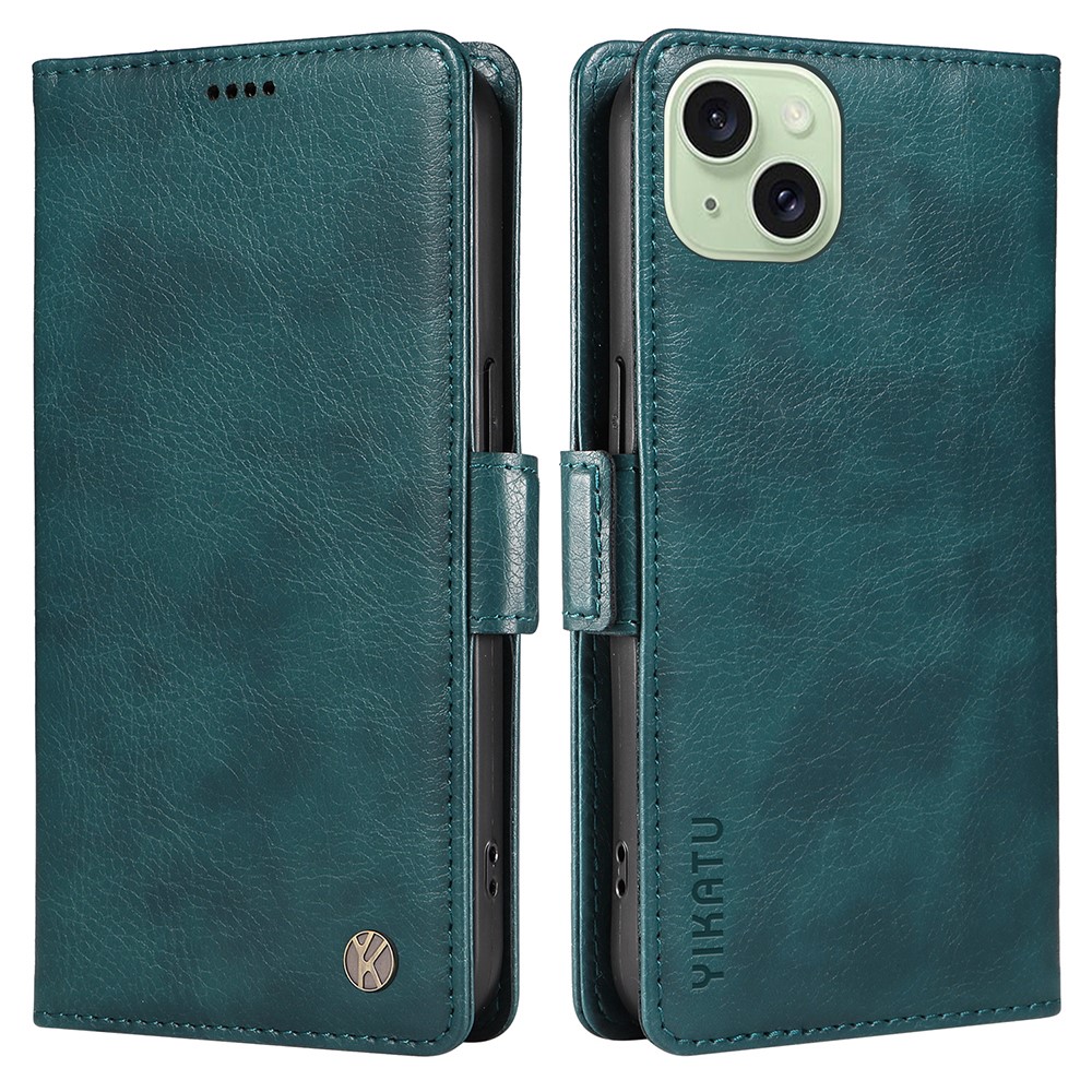 YIKATU YK-007 For iPhone 15 Plus Case PU Leather Wallet Shockproof Phone Cover - Blue