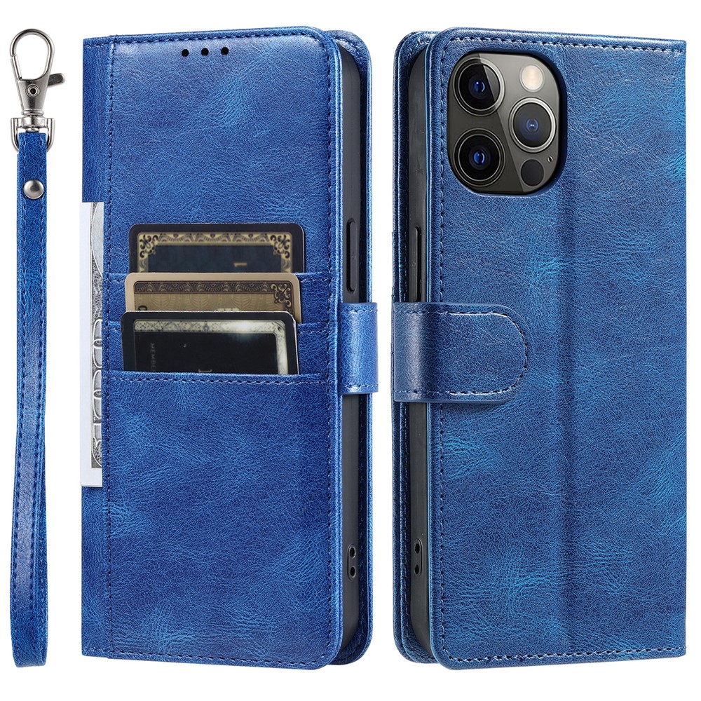 013 Style For iPhone 12 6.1 inch Phone Case Leather 6 Card Slots Cover with Wrist Strap - Blue